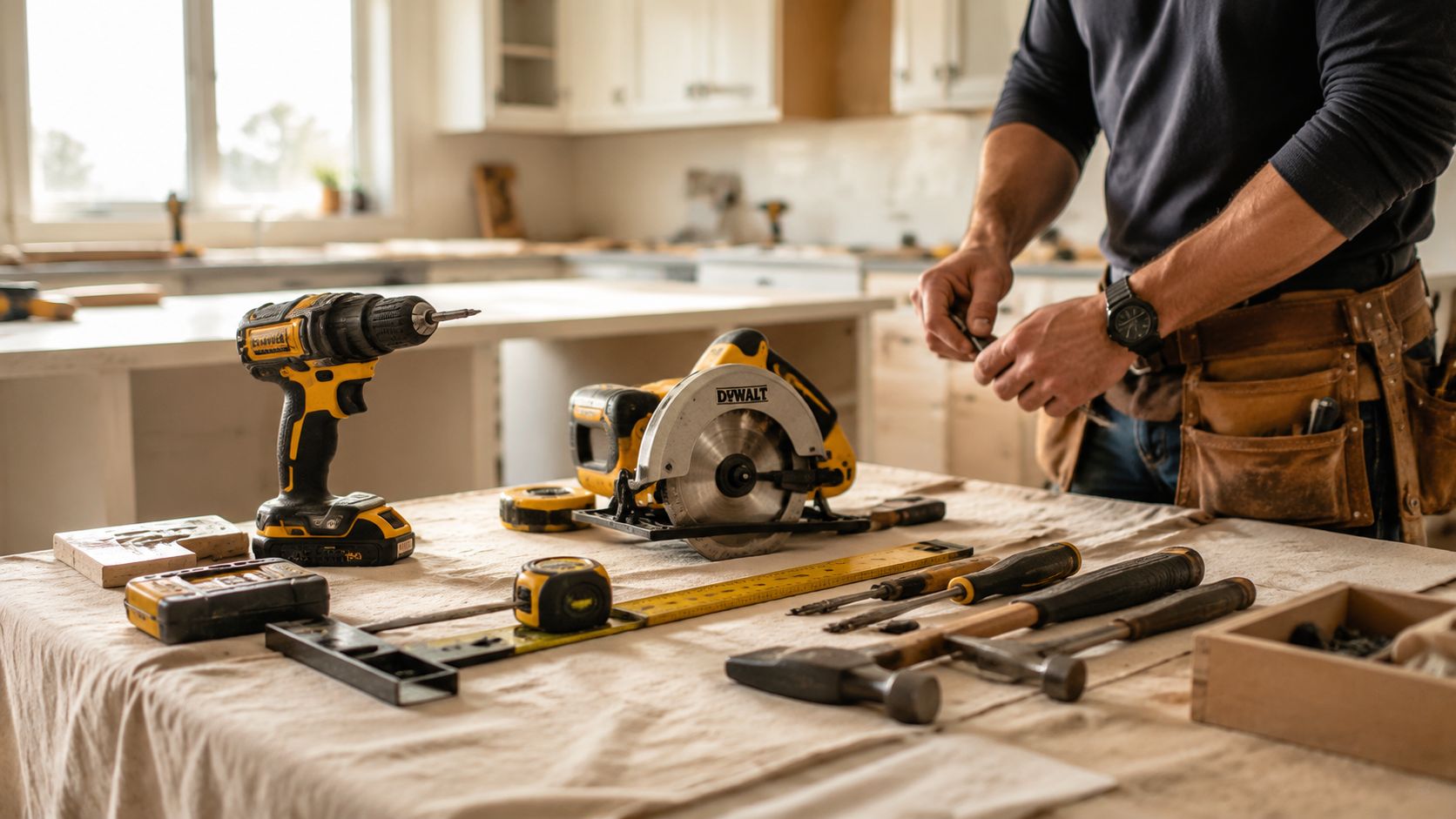 En snedker forbereder værktøj og elektriske maskiner på et arbejdsbord i et køkken under renovering.