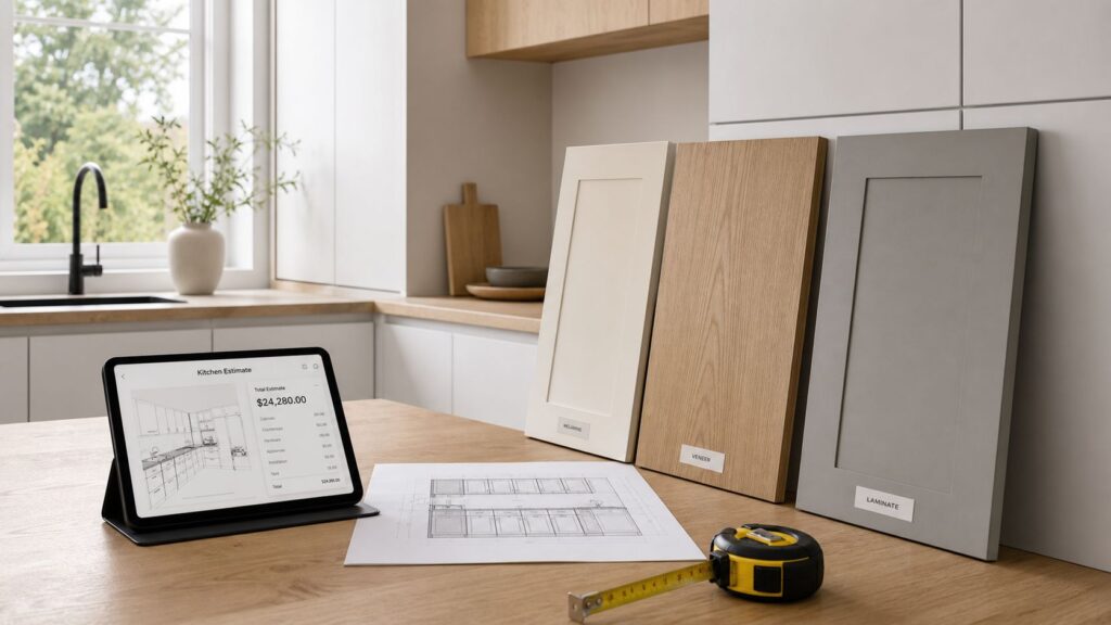 Køkkenlåger i træ og grå, klar til installation, med målebånd og tablet.