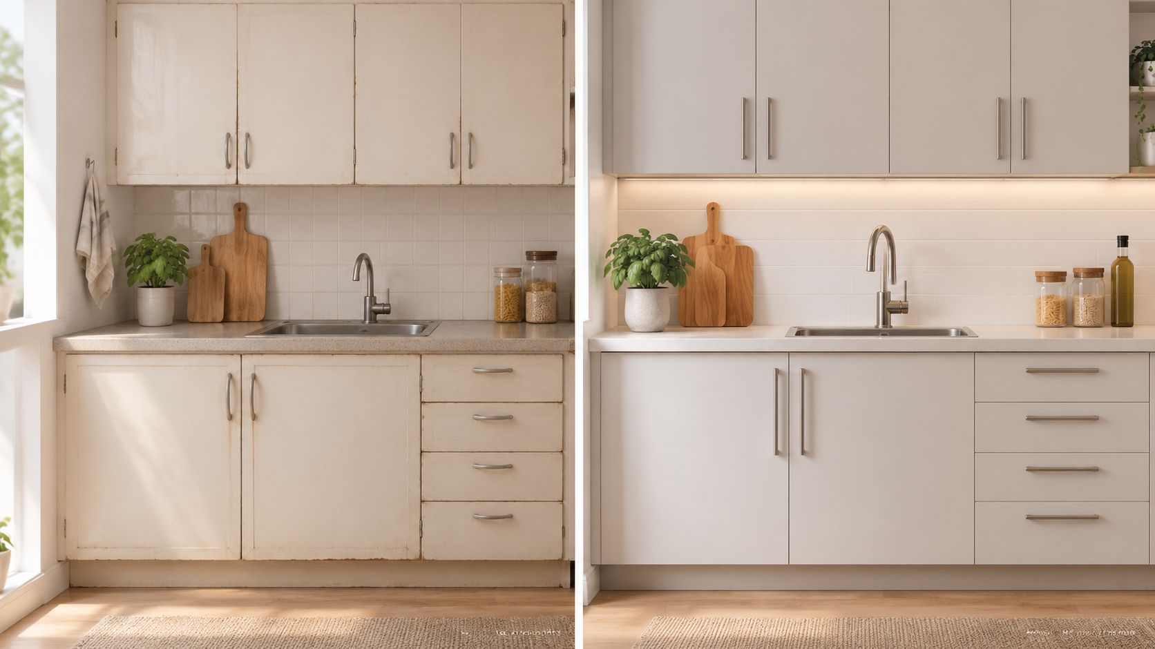Før- og efterbillede af et køkken, der viser en omfattende renovering med nye skabe, bordplader og bedre belysning.