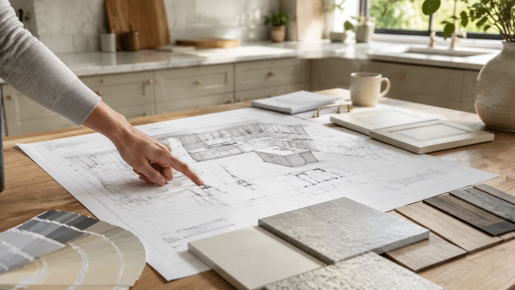 Arkitekttegning af køkkendesign til nyt køkkenprojekt.