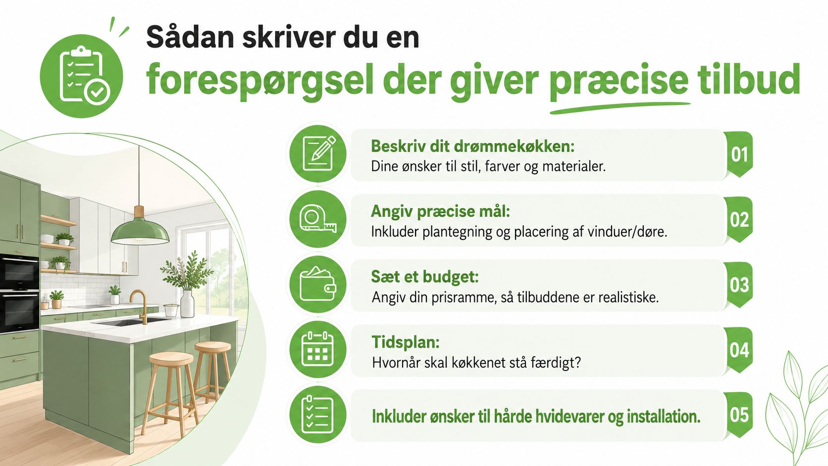 Moderne køkkendesign med grønne elementer og naturligt lys.