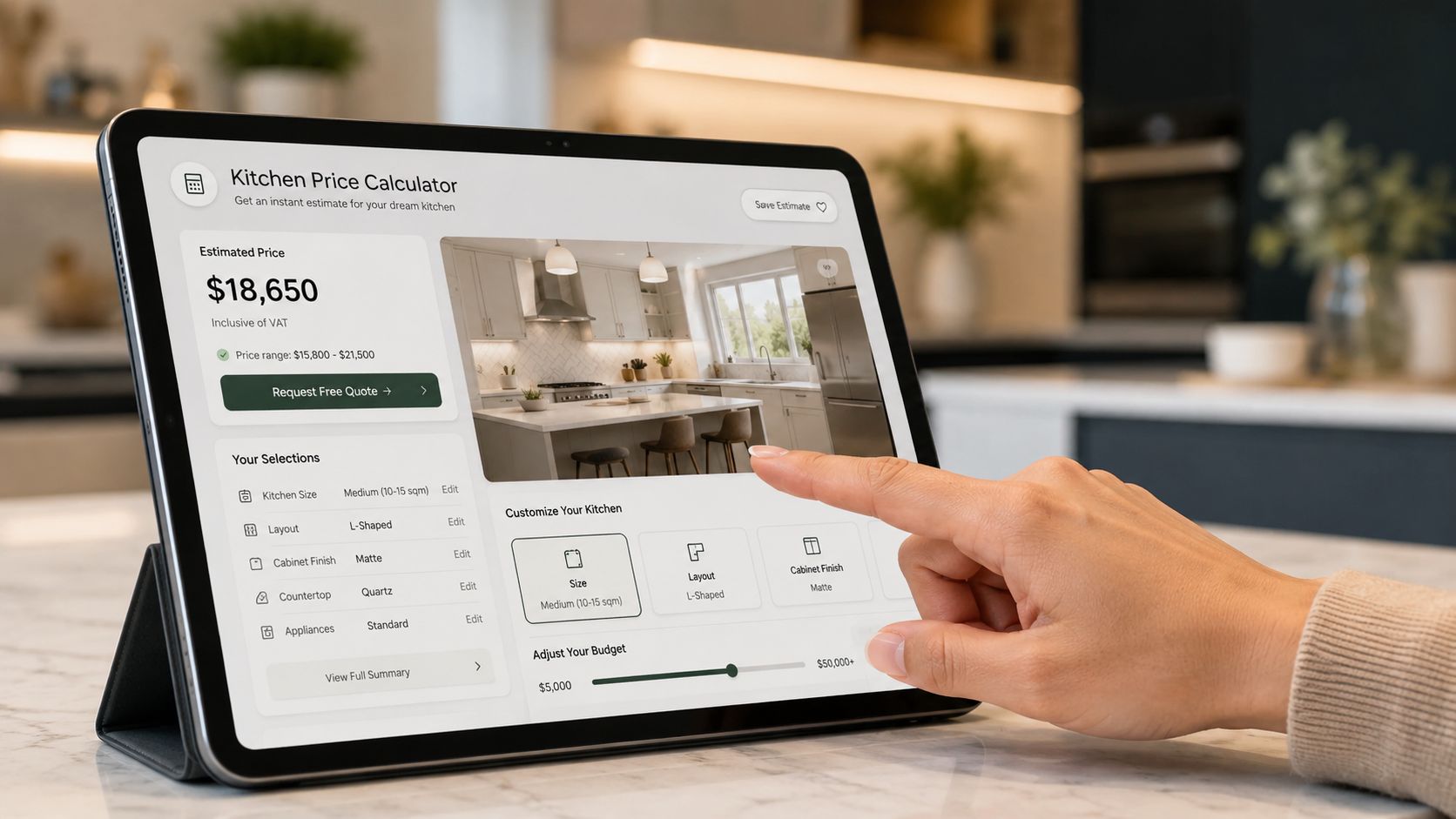 En person bruger en tablet til at beregne prisen på et nyt køkken via en online platform.