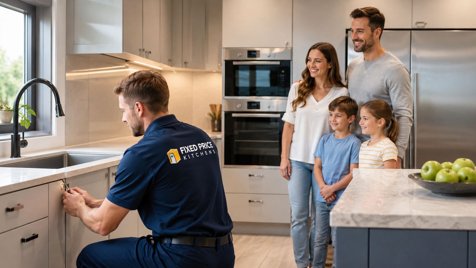 En professionel håndværker fra Fixed Price Kitchens monterer låger i et moderne køkken mens en familie kigger på.