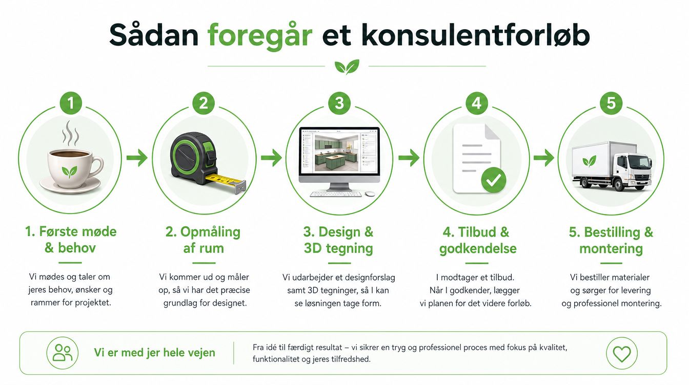 En oversigt over et køkkenkonsulentforløb i fem trin fra første møde til færdig montering af køkken.