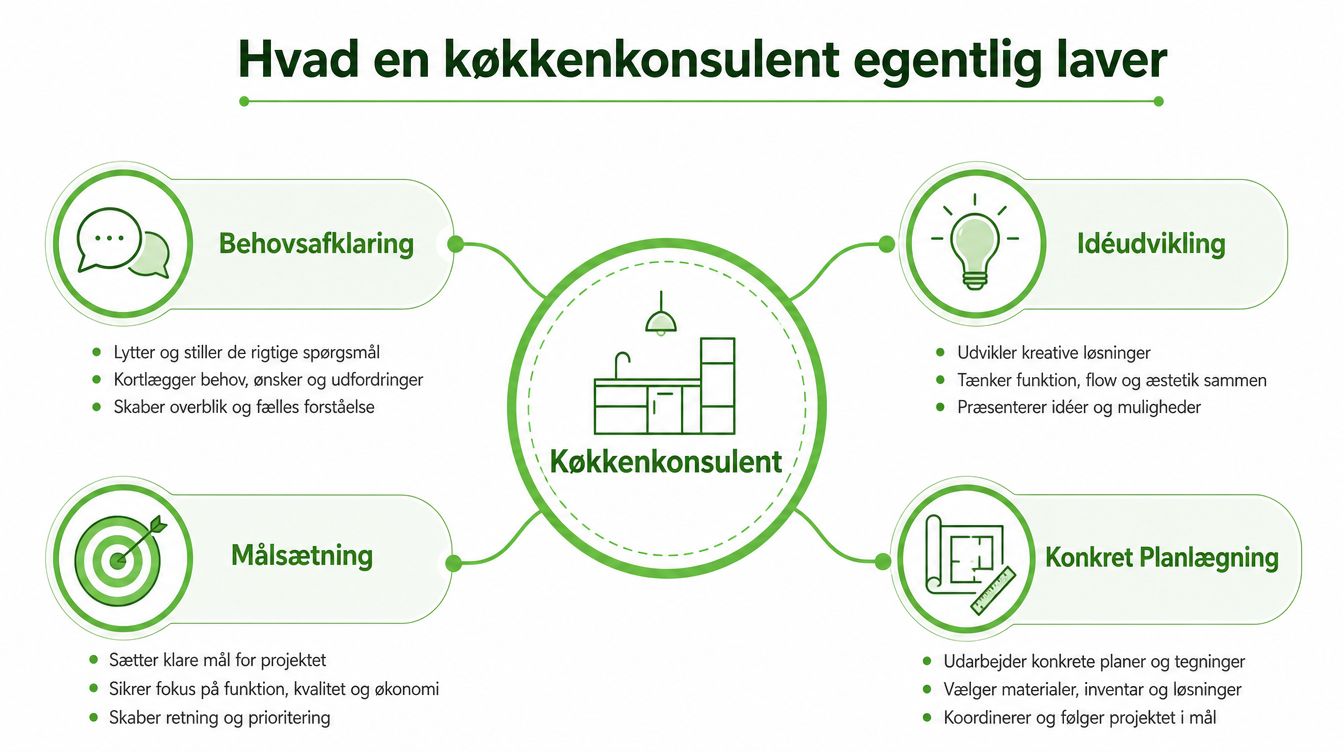 Infografik der illustrerer fire centrale arbejdsområder for en køkkenkonsulent: behovsafklaring, målsætning, idéudvikling og konkret planlægning.