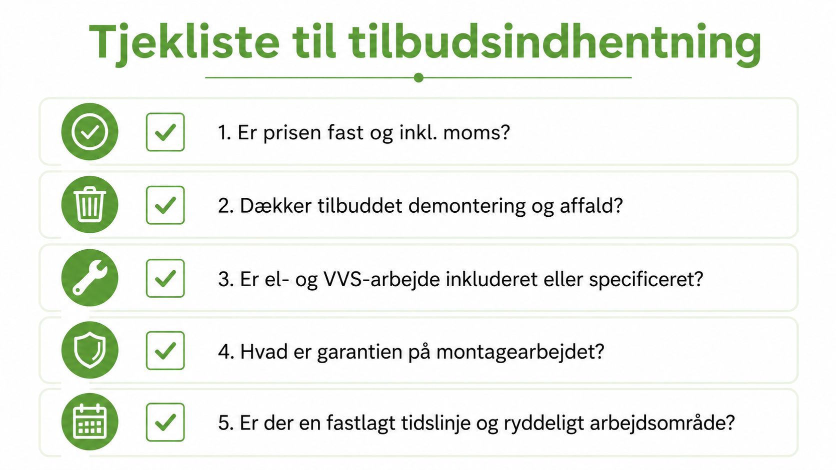 Tjekliste med fem punkter til indhentning af tilbud på køkken montering og renovering af hjemmet.