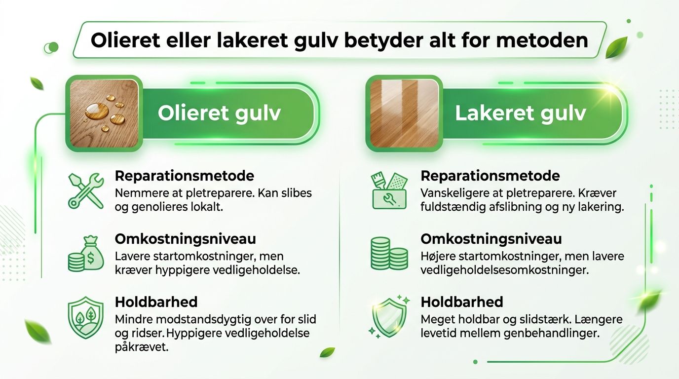 En sammenligningsguide på dansk, der viser forskelle mellem olierede og lakerede trægulve vedrørende vedligeholdelse, reparation og holdbarhed.