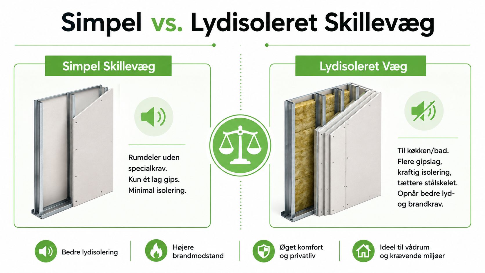 Sammenligning af en simpel gipsvæg og en lydisoleret skillevæg med ekstra isolering til boligbyggeri.