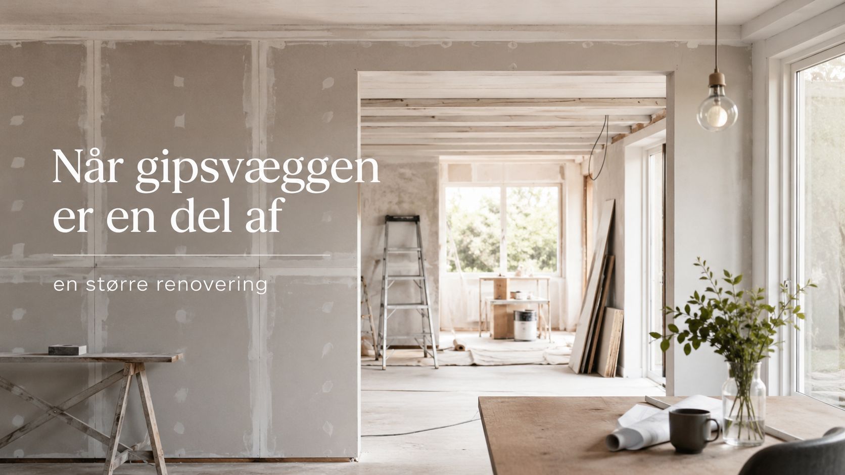 Et rum under renovering med gipsvægge, en stige, træbord og byggeplaner i en lys, moderne boligindretning.