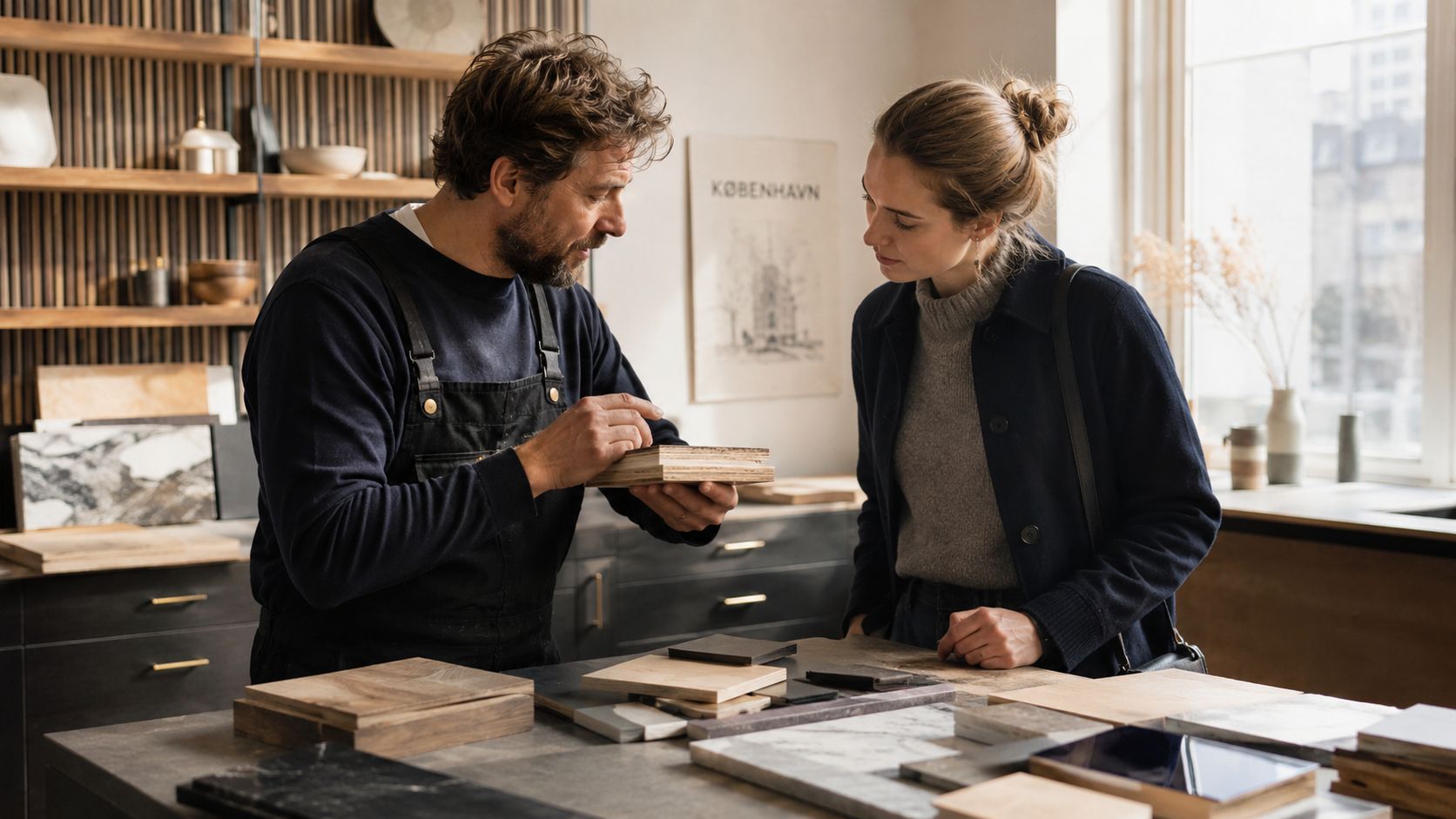 En snedker viser materialeprøver af laminat til en kvindelig kunde i et stilfuldt og lyst værksted.