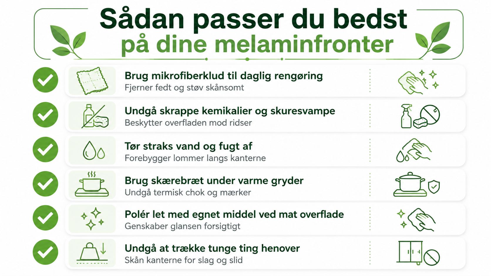 En infografik med seks gode råd til vedligeholdelse og pleje af køkkenfronter i melamin materiale.