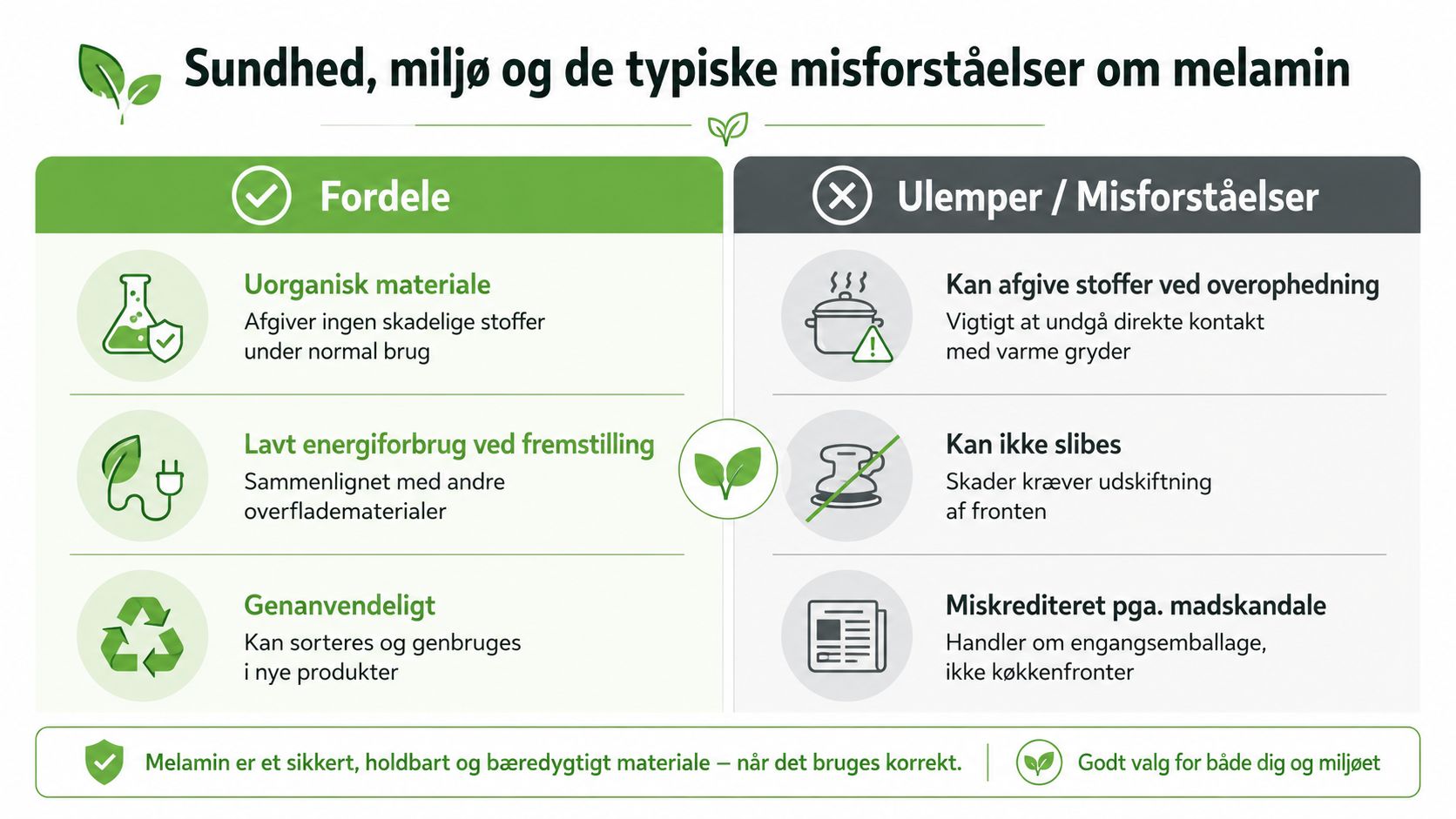 En infografik der forklarer fordele, ulemper og almindelige misforståelser om materialet melamin i køkkenet.