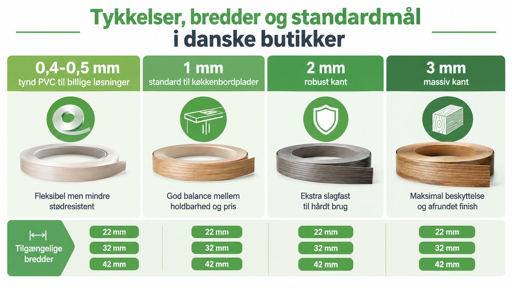 Oversigt over standardtykkelser og bredder for kantbånd til bordplader i danske butikker med forskellige materialer og egenskaber.