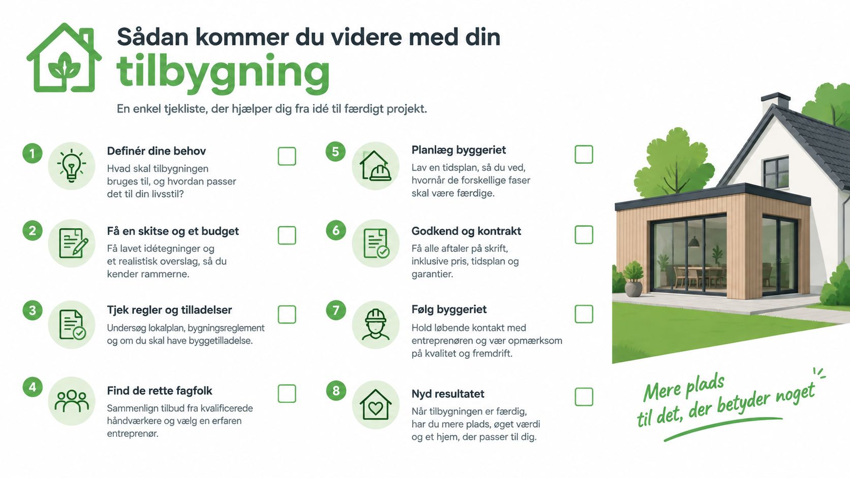 En infografik med en tjekliste i otte trin til planlægning og udførelse af en tilbygning til huset.