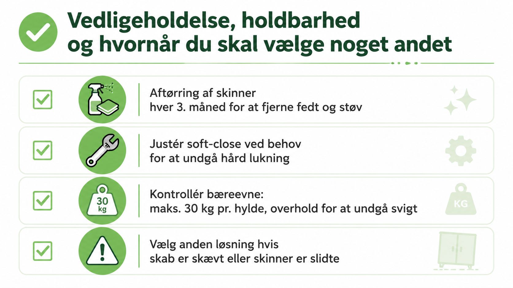 En vejledning om vedligeholdelse og holdbarhed for udtrækshylder til køkkenskabe med fire vigtige råd.