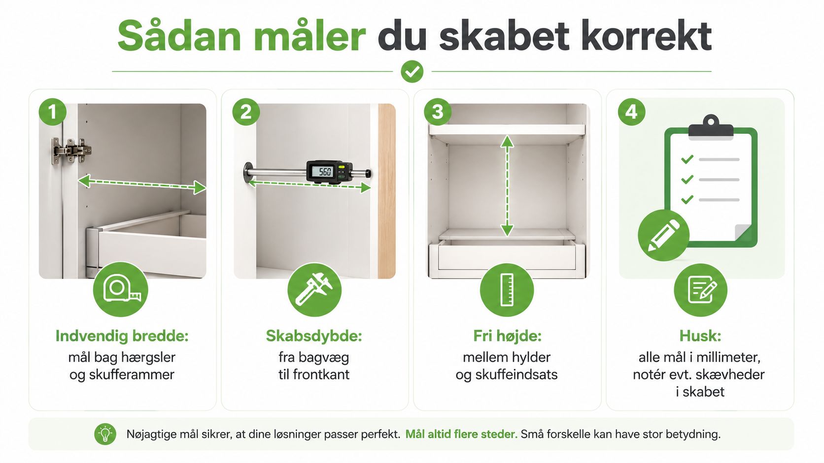 En vejledning i fire trin til korrekt måling af køkkenskabe før installation af nye udtrækshylder.
