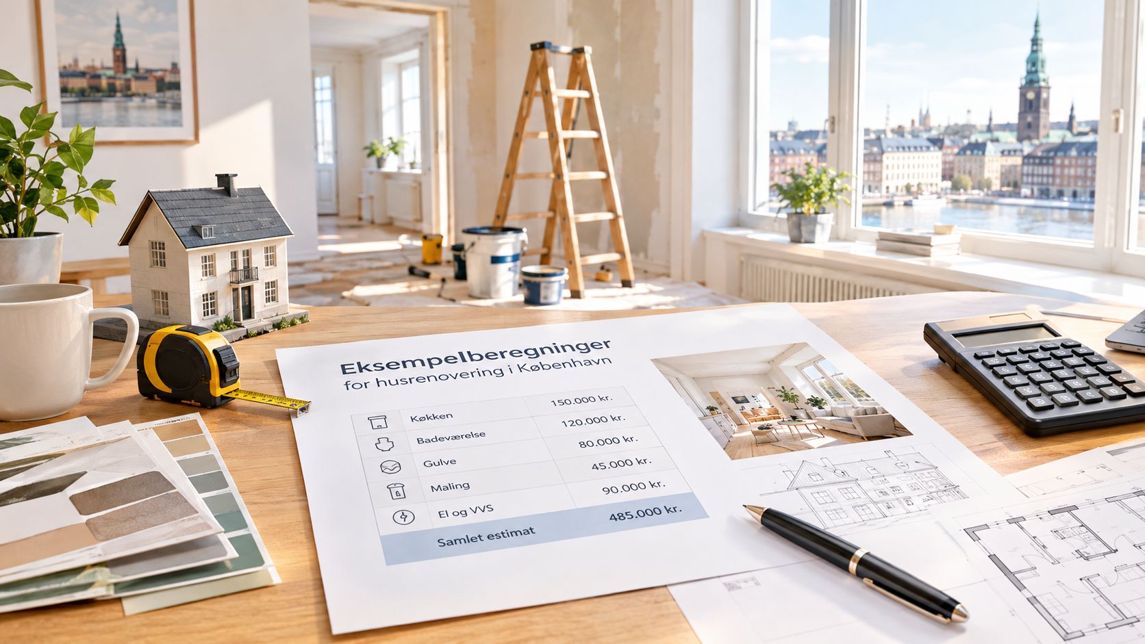 Et skrivebord med arkitekttegninger, et målebånd, en lommeregner og et prisoverslag for renovering af hus i København.