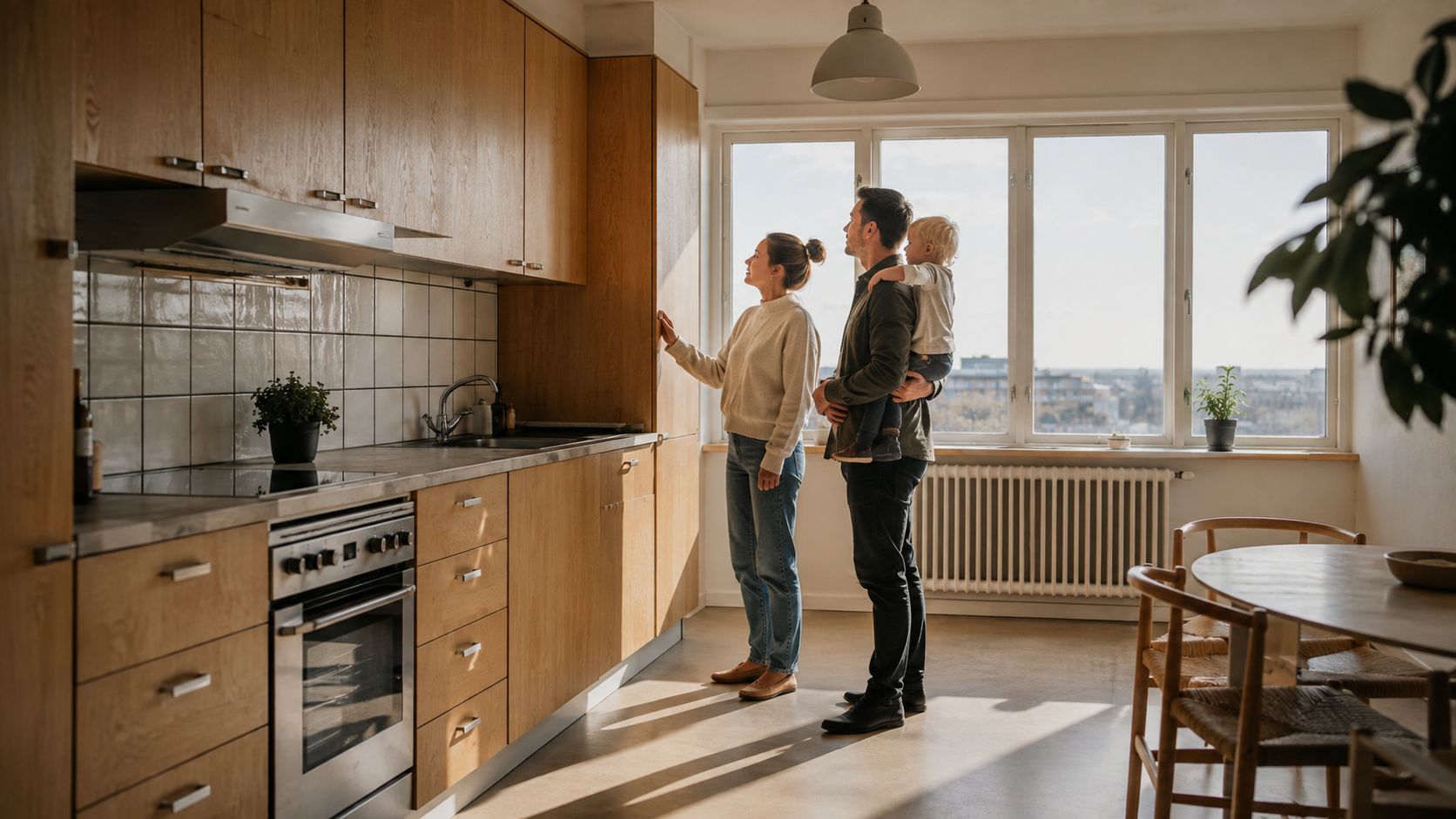 En familie på tre står i deres moderne køkken i røget eg og kigger på skabene.