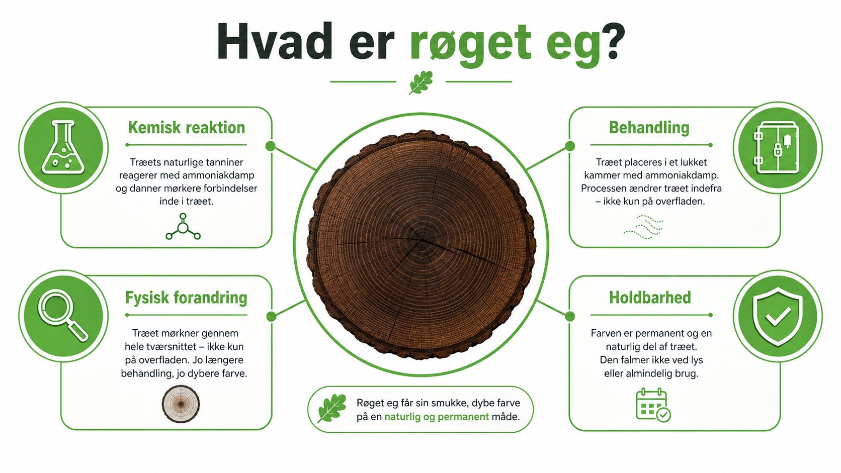 En infografik der forklarer processen bag røget eg, herunder kemisk reaktion, behandling, fysisk forandring og holdbarhed.