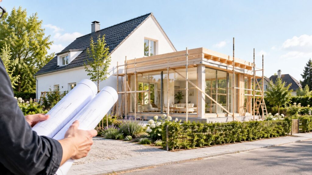 Byggeproces af et nyt hus med trærammer og glasfacade.