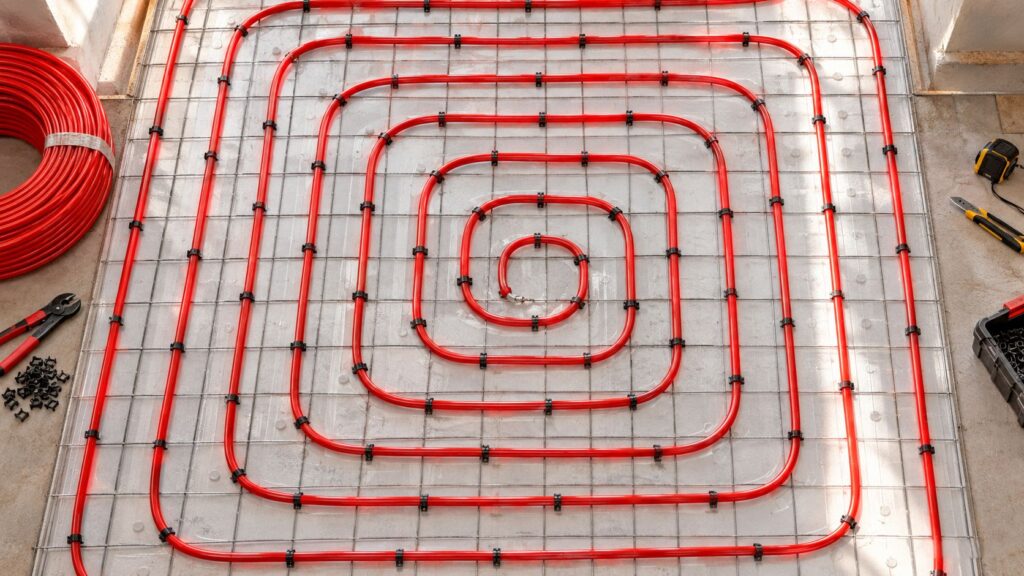 Rødt varmesystemrør installeret i betonfundament til byggeri.
