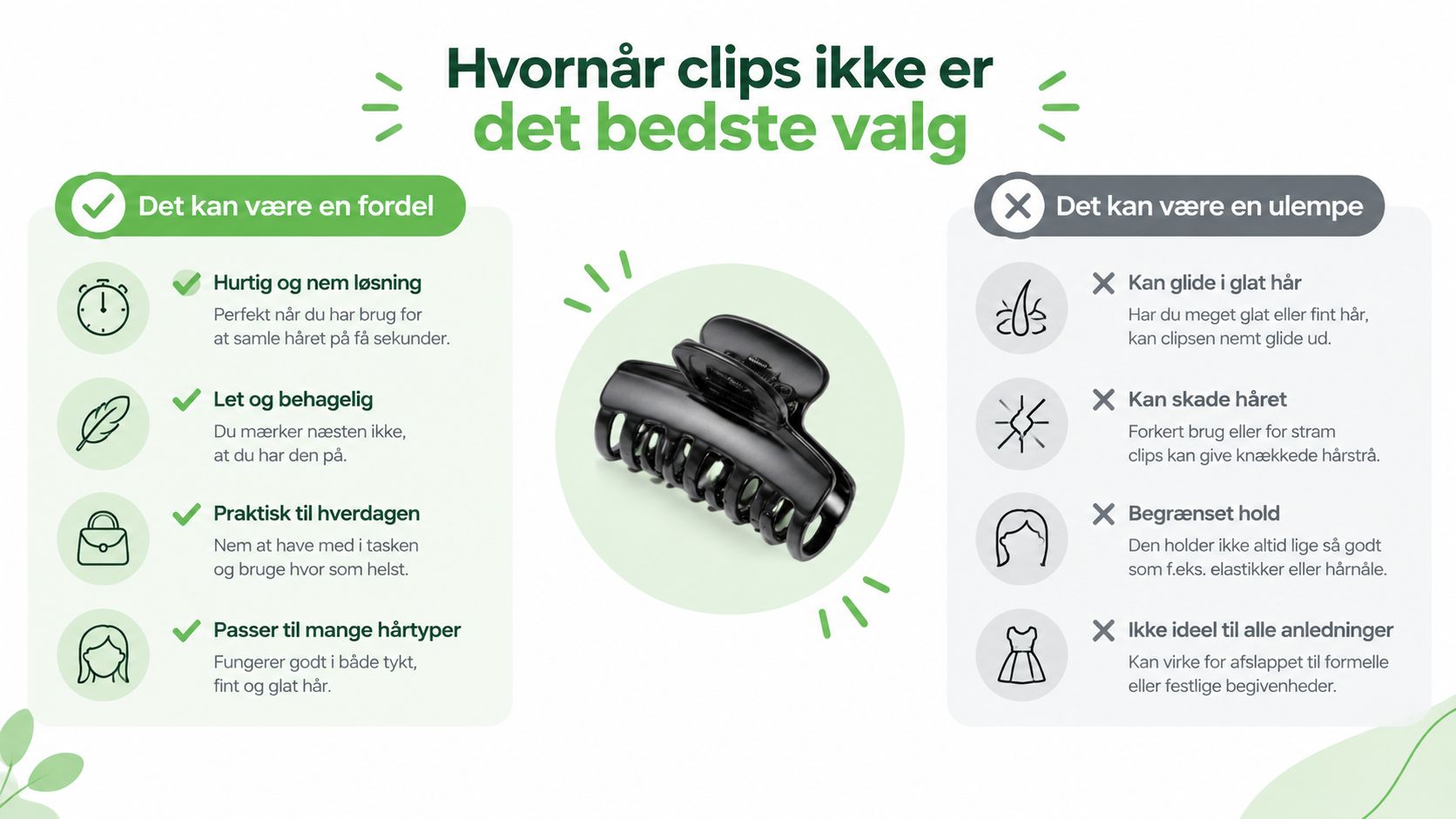 En grafisk oversigt over fordele og ulemper ved at bruge hårclips til forskellige hårtyper og situationer.