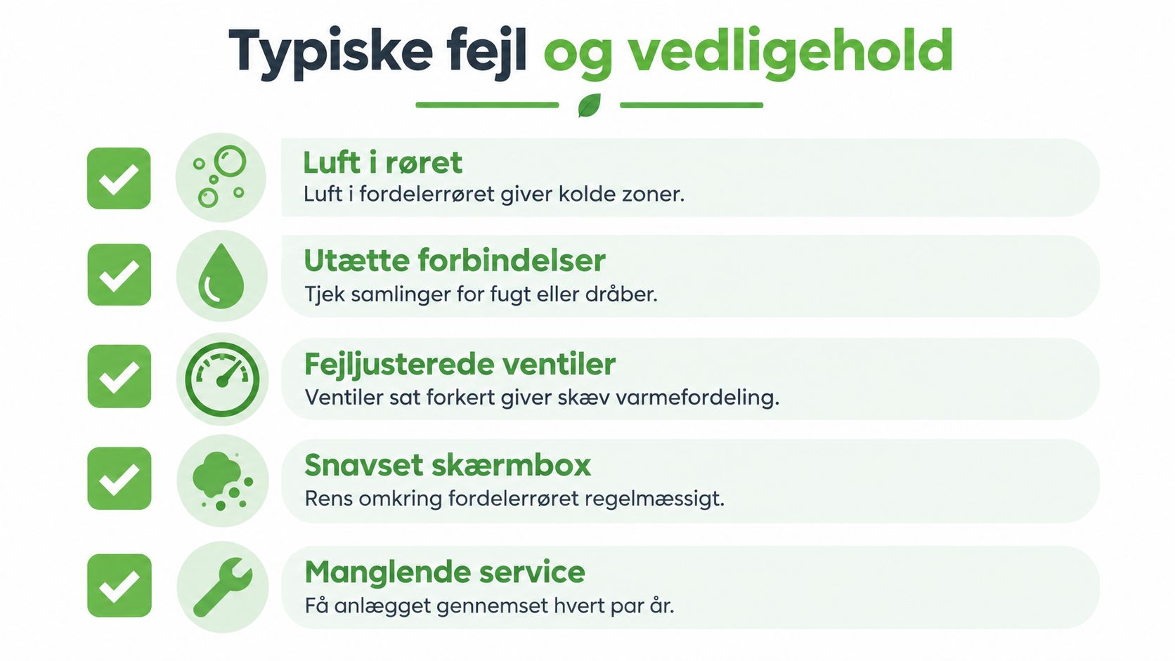 Grafisk oversigt over typiske fejl ved gulvvarme fordelerrør og vigtigheden af regelmæssig vedligeholdelse for optimal varme.