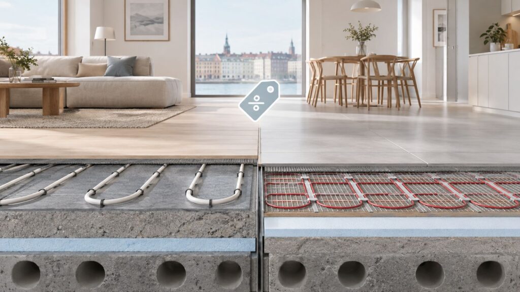 Gulvvarmeinstallation i et lyst og moderne hjem med store vinduer.