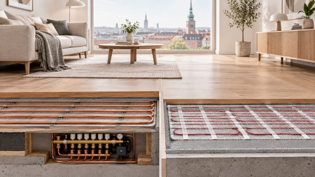 Stue med store vinduer og syn på byens skyline.