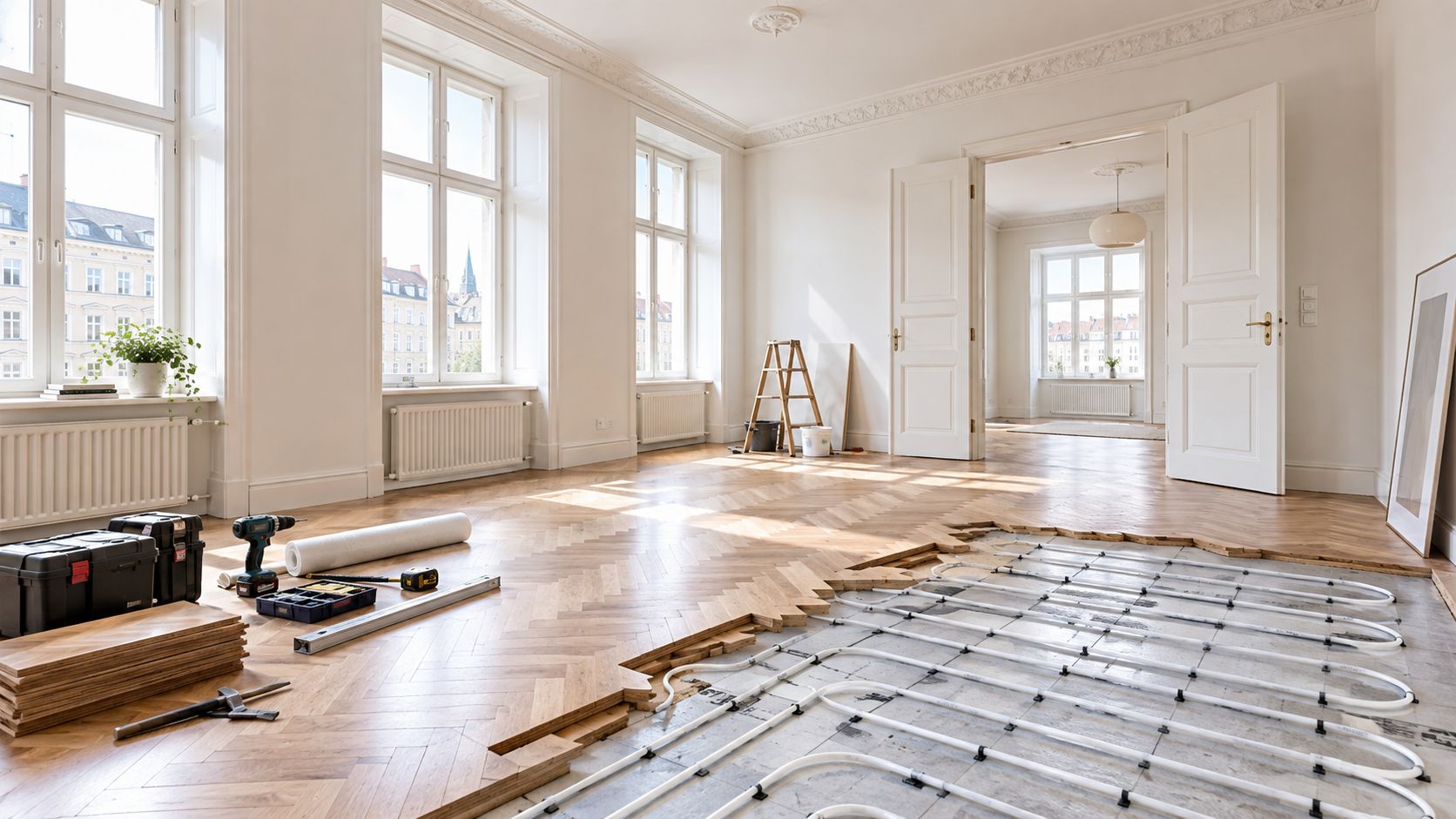 Et rum under renovering med lagt sildebensparket og et synligt vandbaseret gulvvarme system på undergulvet.