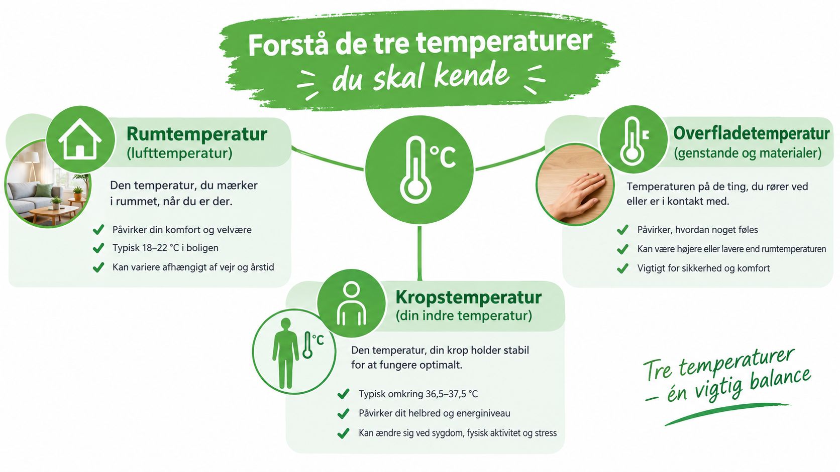 En infografik der forklarer forskellen på rumtemperatur, overfladetemperatur og kropstemperatur for bedre forståelse og balance.
