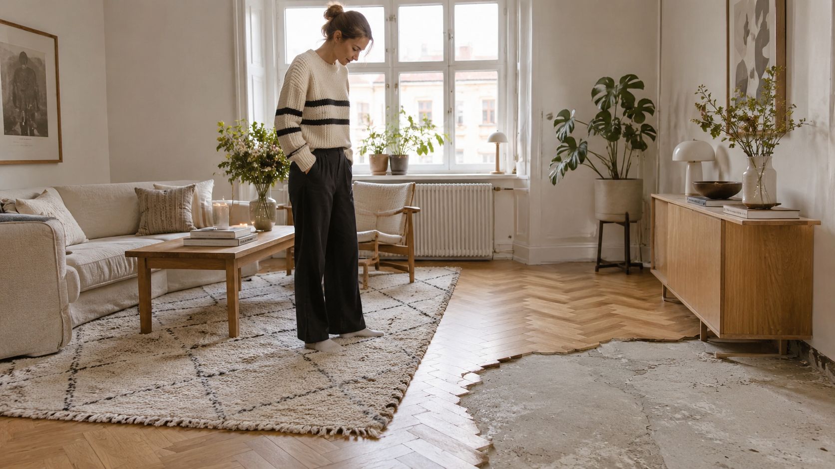 En kvinde står i en stue med både smukt sildebensparket og et ufuldstændigt gulv under renovering