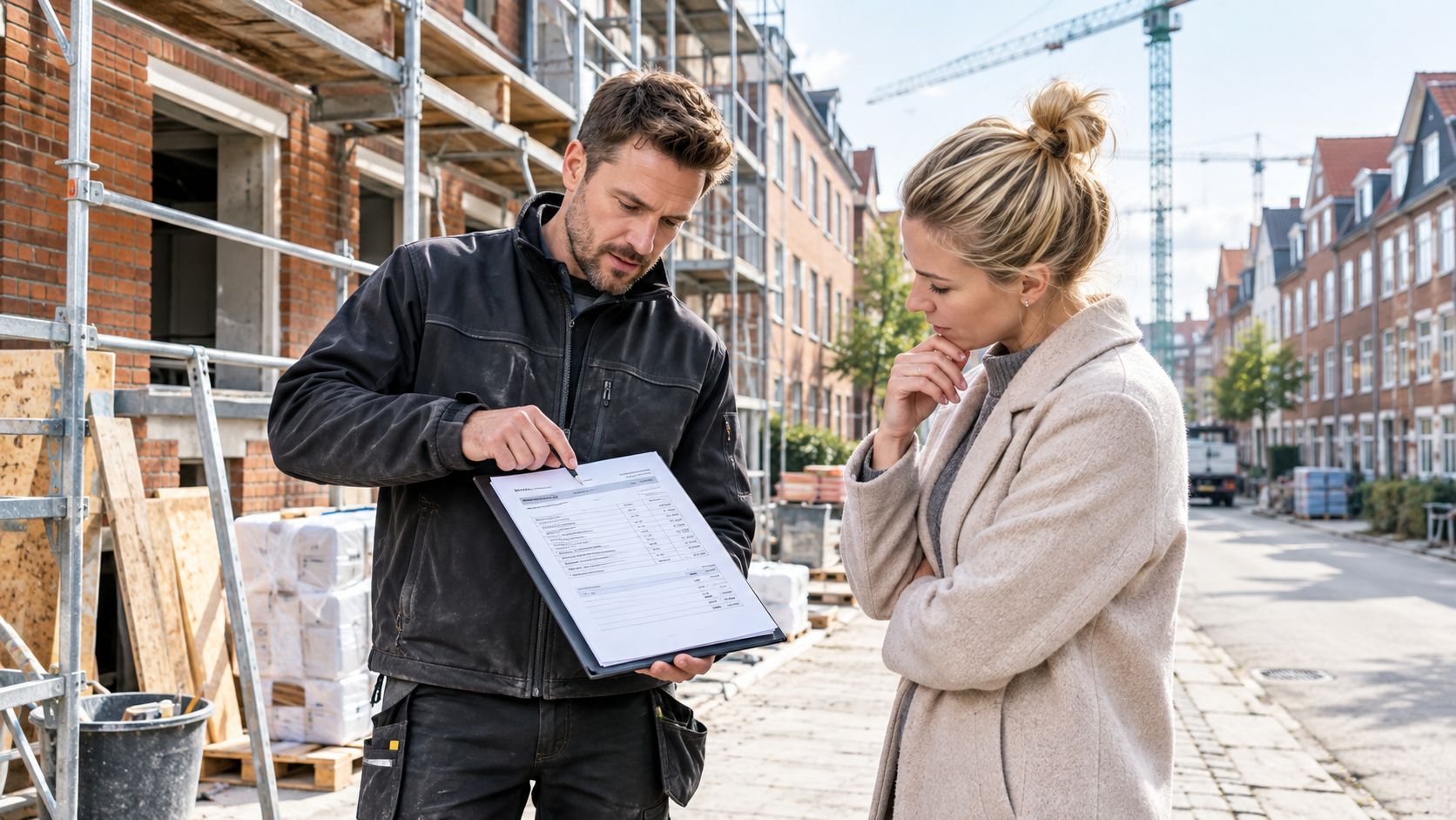 En mandlig byggeleder viser en kvindelig kunde et prisoverslag for en tilbygning på en byggeplads.