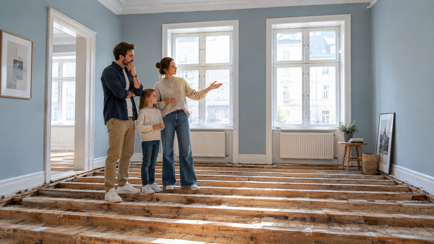 En familie på tre står i en stue under renovering og overvejer valg af nyt gulvmateriale.