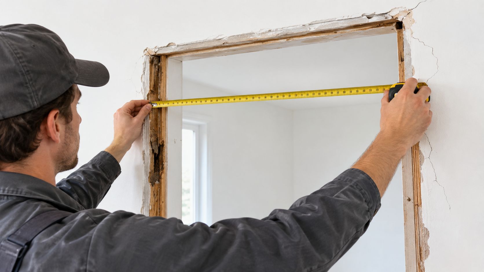 Håndværker måler døråbningen med et målebånd under renovering af et hus for at skifte dør.