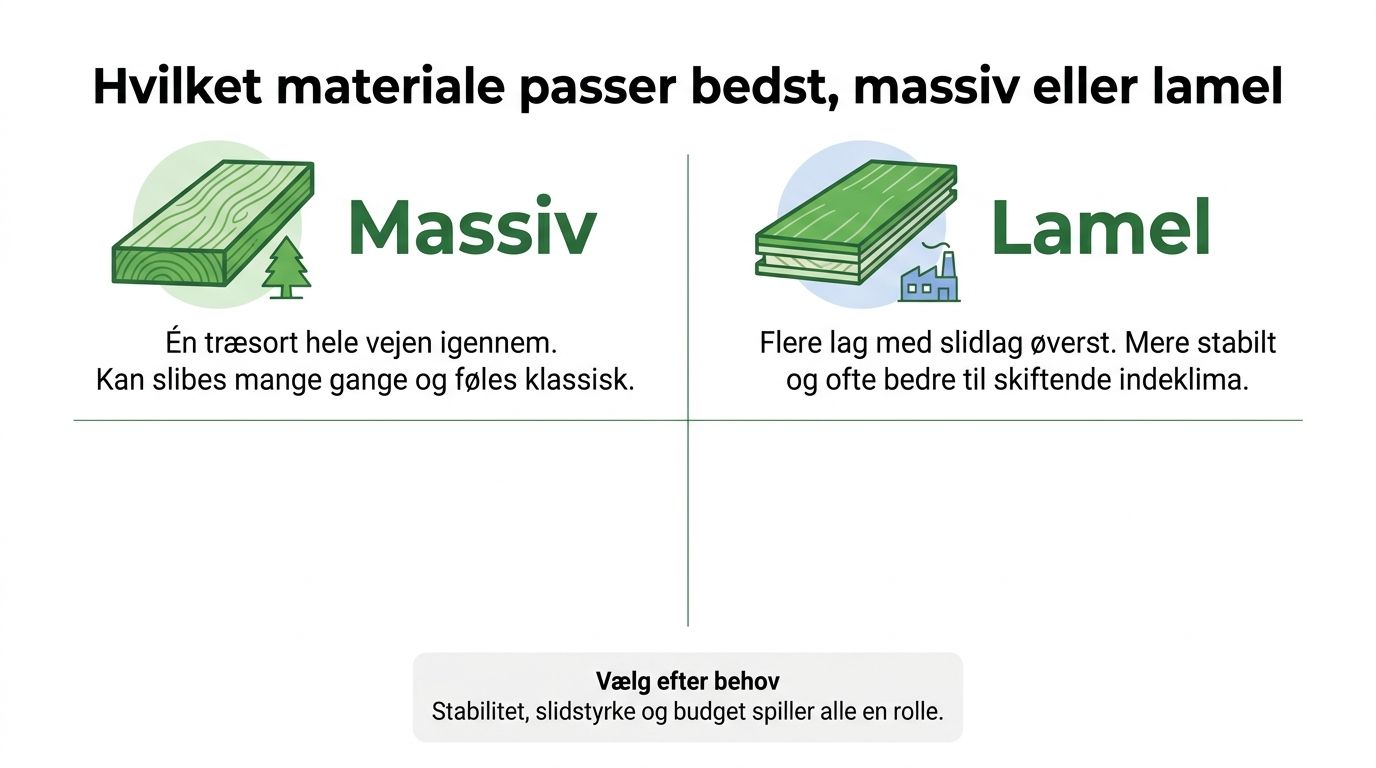 En sammenligning af massivt trægulv og lamelgulv, der forklarer forskellene i stabilitet og holdbarhed til valg af gulv.