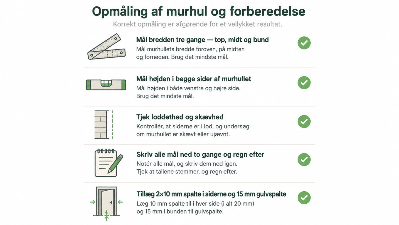 En infografik der viser fem vigtige trin til korrekt opmåling af et murhul før dør monteres.