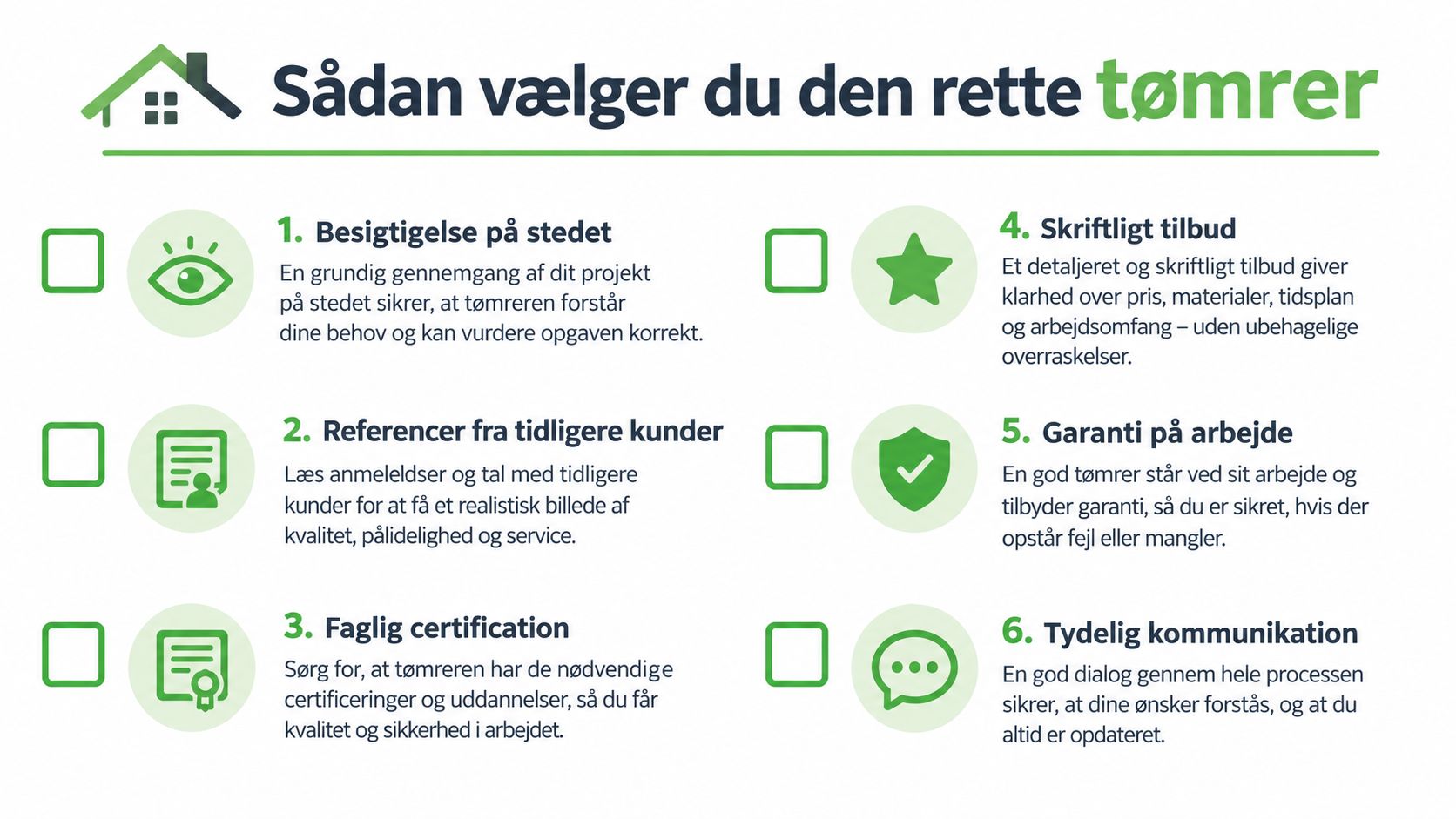 Infografik med seks gode råd til at vælge den rette tømrer til dit næste byggeprojekt.