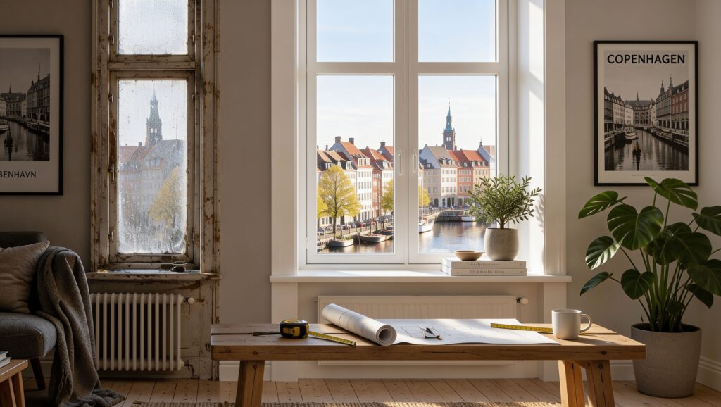 Indendørs billede med vindue, planter og byudsigt i København.