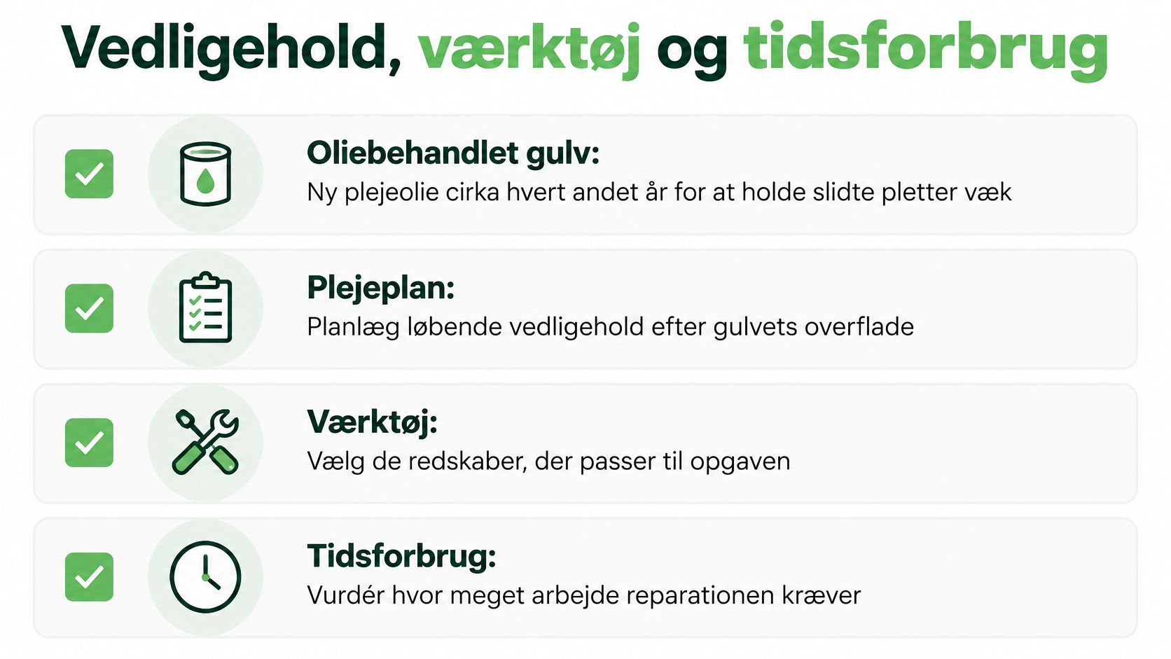 En infografik der viser fire vigtige punkter for vedligeholdelse, værktøj og tidsforbrug ved trægulve.