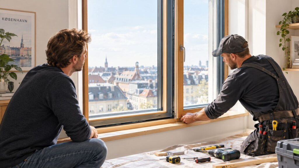 To håndværkere installerer nyt vindue i en lejlighed i København.